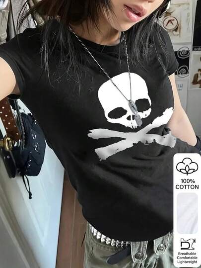 Camiseta de manga corta con estampado de calavera de estilo casual para mujer, de moda para Halloween, estilo callejero, uso diario