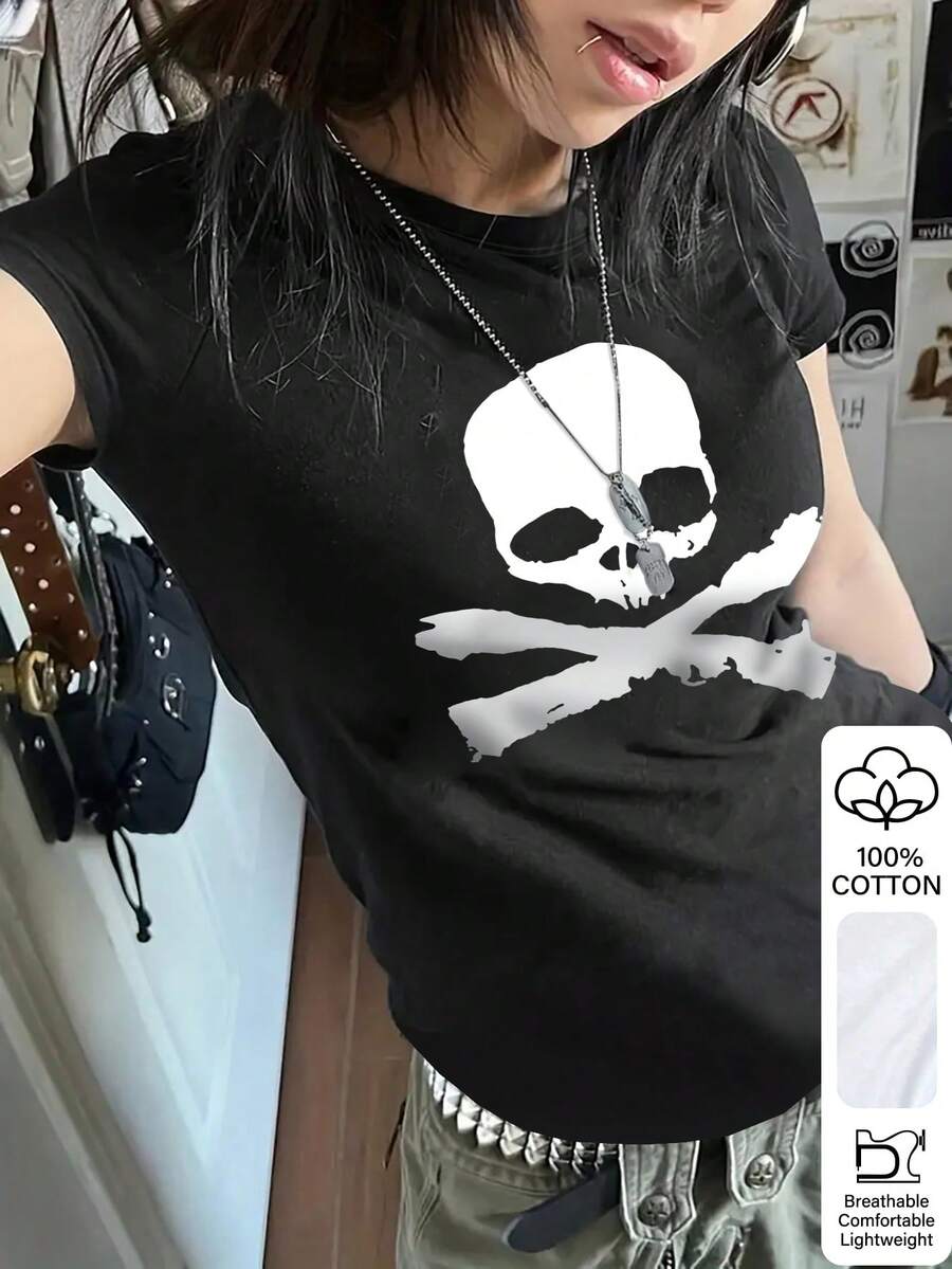 女士休闲骷髅印花短袖T恤，时尚百搭，适合万圣节、街头风、日常通勤。 - 黑色 - 查看 1