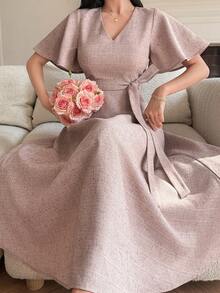 DAZY 女士优雅V领系带中长连衣裙，夏季婚礼宾客礼服，女士长款连衣裙 - 粉色 - 查看 5