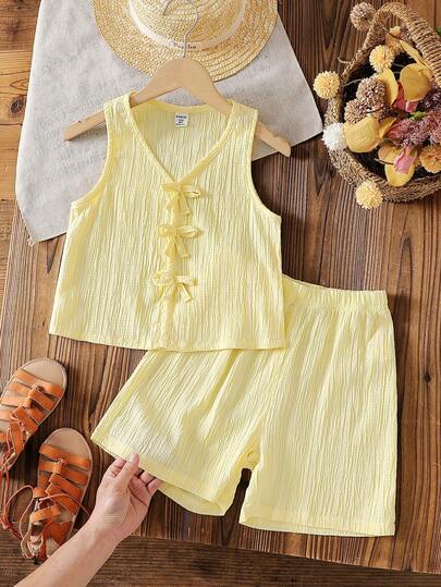 SHEIN Vintaside Kids 2pcs Girls Sleeveless Woven Striped Tank Top With Bow Decor & Elastic Waist Loose Shorts Set, Summer Outfit, Suitable For Mother's Day & Children's Day