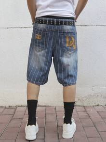 Manfinity Roghcode Men's Summer Vertical Striped Letter Embroidered Loose Wide-Leg Denim Shorts - Medium Wash - View 1