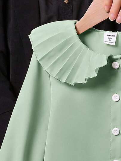 SHEIN Young Girl Casual Basic Elegant School Style Puff Sleeve White Shirt With Pleated Peter Pan Collar And Ruffle Cuffs, Suitable For Autumn, Winter, School, Award Ceremonies, Performances, Parties, And Daily Wear.,Holiday,Summer,Travel