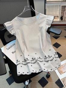 SHEIN LUNE CURVE 大码休闲通勤衬衫，带刺绣喇叭袖 - 藍色 - 查看 6