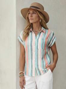 EMERY ROSE Striped Button Front Summer Women Shirts With Patch Pockets - Pink - View 7