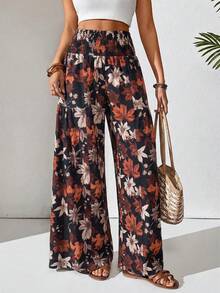 SHEIN Holidaya Women's Black Floral Boho Smocked High Waist Pants,Autumn Leaf Print Wide Leg Long Trousers,Casual Holiday & Vacation Fashionable Summer Pants - Black - View 7