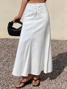 DAZY Women's Regular Waist Mermaid Maxi Denim Skirt, Elegant - White - View 2
