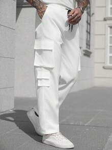 Manfinity CasualCool Men Solid Drawstring Waist Simple Daily Wide Leg Pants Long Plain All White Pants, For Going Out, For Fall - White - View 3