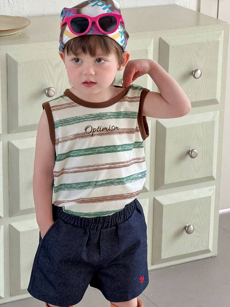 Toddler Boys' Round Neck Striped Korean Style Sleeveless Casual Top, Summer