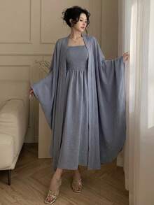 DAZY Bata elegante con textura fruncida para mujer, conjunto de 2 piezas, primavera/verano - Azul - Ver 2