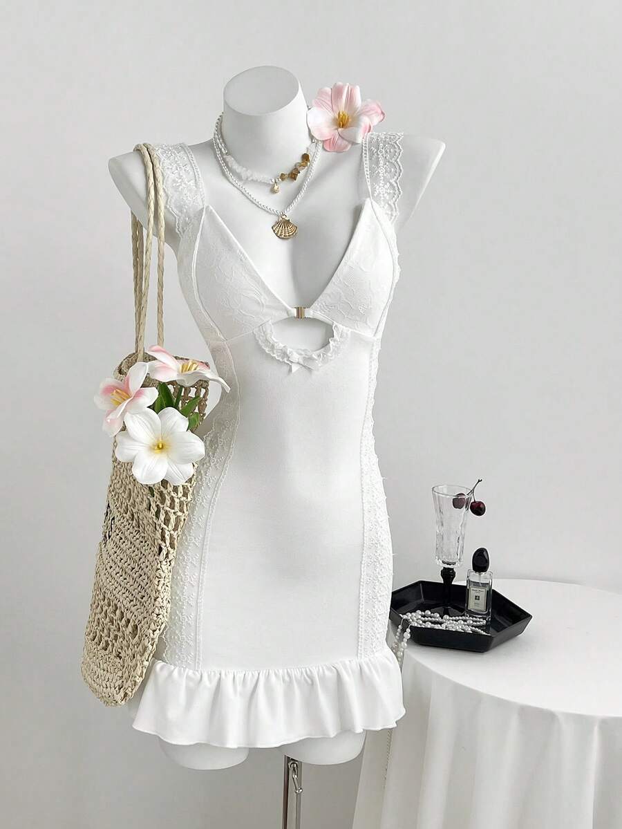 Elamini 女士性感浪漫蕾丝拼接白色连衣裙 - 白色 - 查看 1