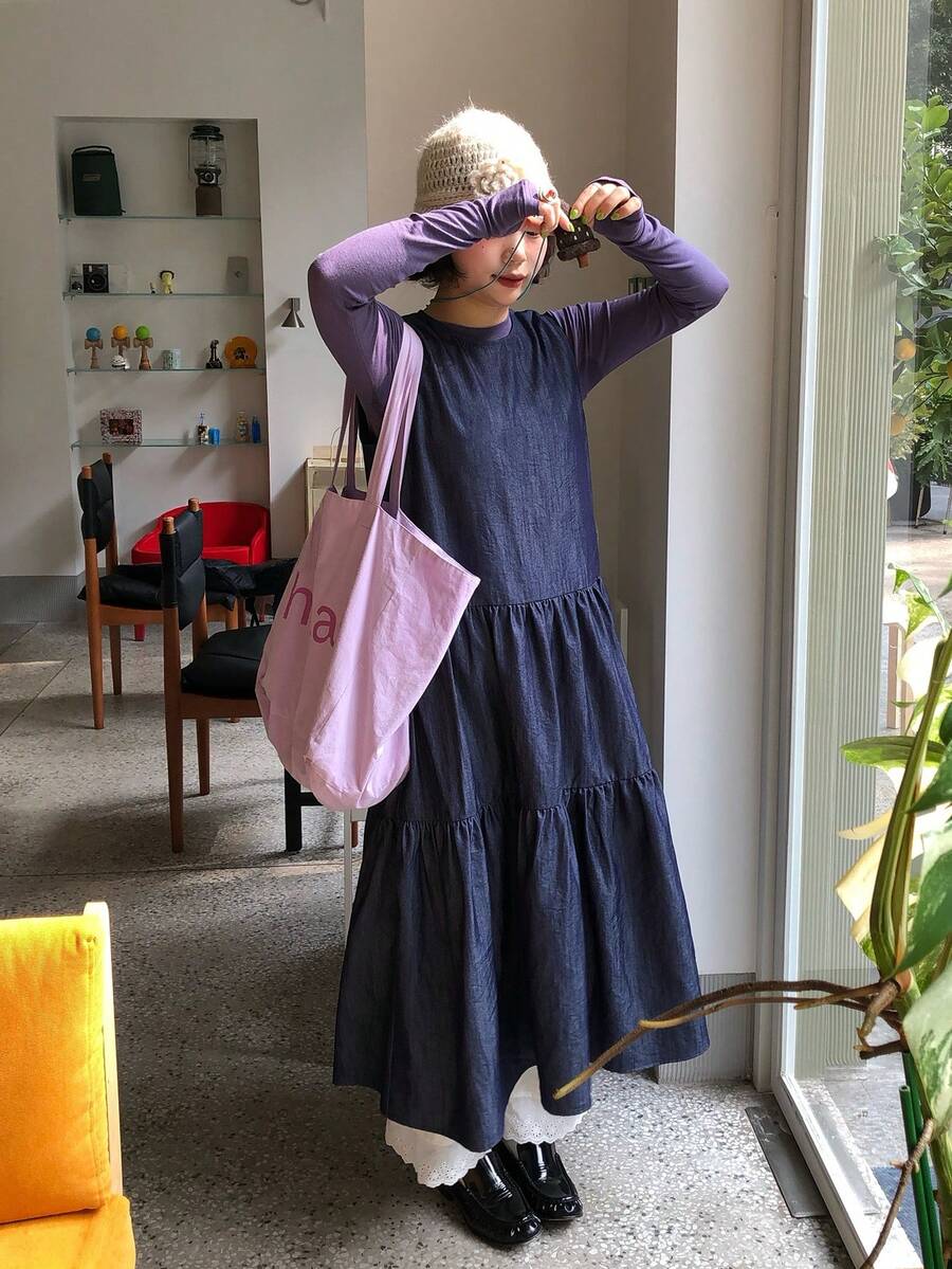 DAZY Women's Japanese Style Round Neck Sleeveless Slim Dress, New Summer Recommend Long Denim Tank Dress - Blue - View 1