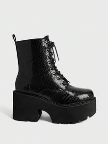 Sugerpunk Women's Fashion Waterproof Platform Lace-Up Ankle Boots - Black - View 1