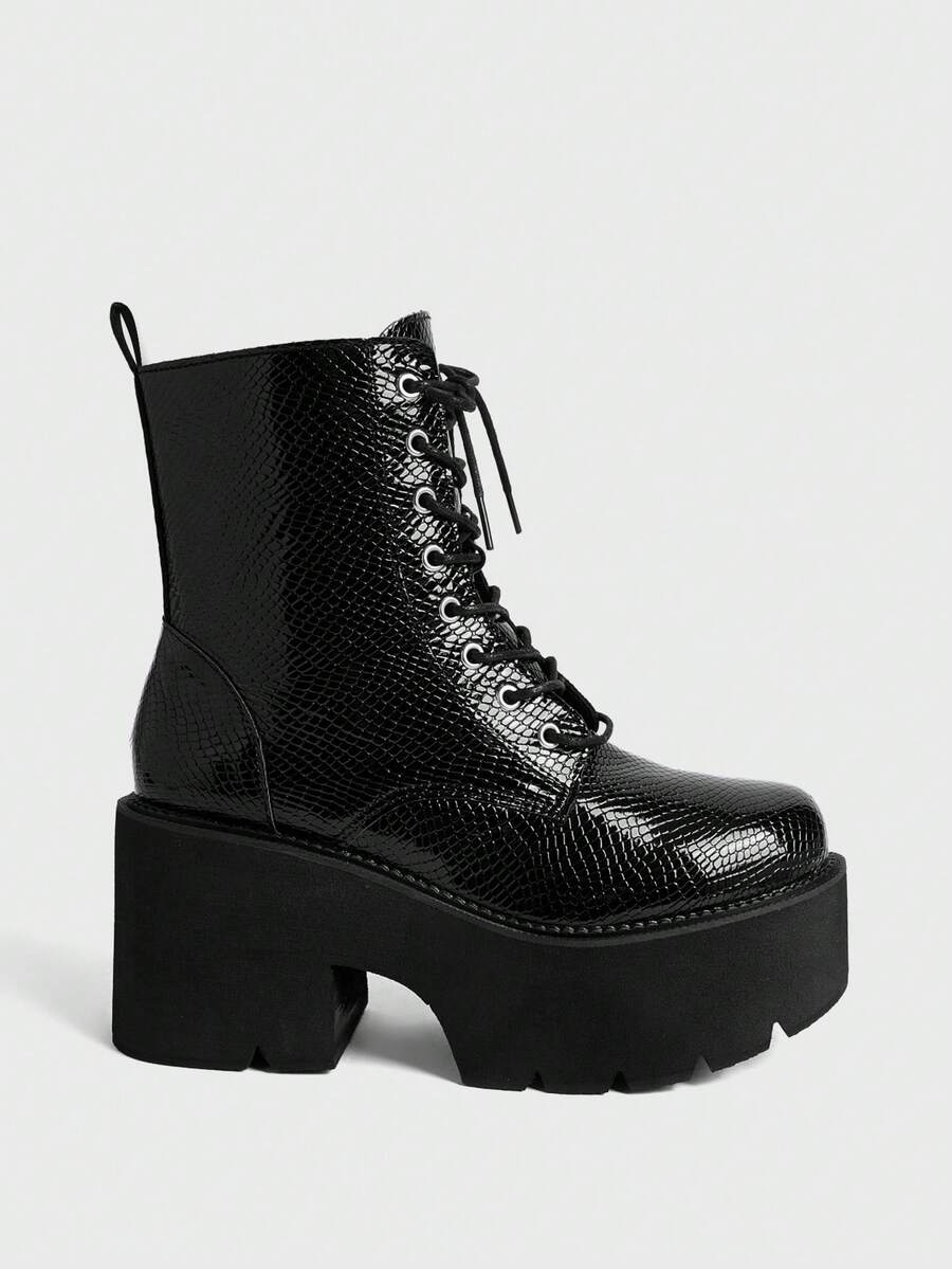 Sugerpunk Women's Fashion Waterproof Platform Lace-Up Ankle Boots - Black - View 1