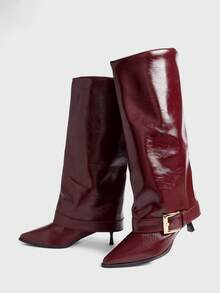 Sugerpunk Women's Elegant Commuting Burgundy Pointed Toe Knee-High Boots - Red - View 4