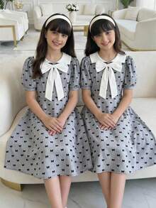 SHEIN 少女可爱白色翻领连衣裙，黑色蝴蝶结装饰；休闲灰色泡泡袖连衣裙 - 灰色 - 查看 3