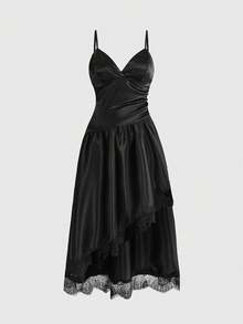 ROMWE Gaun Pesta Pernikahan Gothic Musim Panas, Leher V Dalam, Hem Asimetris, Ruffle, Satin & Patchwork Renda, Ukuran Plus untuk Wanita - Hitam - View 12