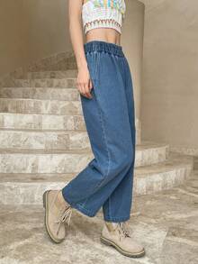 Dazy Tall 高个女式松紧腰哈伦裤，七分休闲牛仔裤 - 中等水洗藍 - 查看 3
