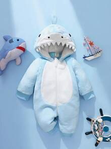 SHEIN Bộ đồ liền thân hình cá mập sơ sinh, mũ 3D hình cá mập nhồi bông dễ thương, mặt cá mập thêu, áo liền quần dài tay cho bé - Màu xanh lam - Xem 4