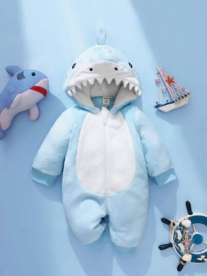 SHEIN Newborn Shark Shaped Outfit, Cute Plush Shark Shaped 3D Hat, Embroidered Shark Face, Long Sleeve Jumpsuit For Baby