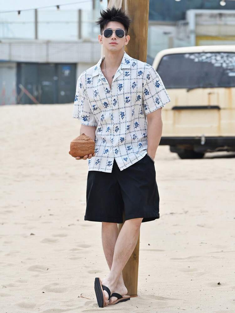 Men's Floral Print Short Sleeve Shirt, Multi-Color, Summer