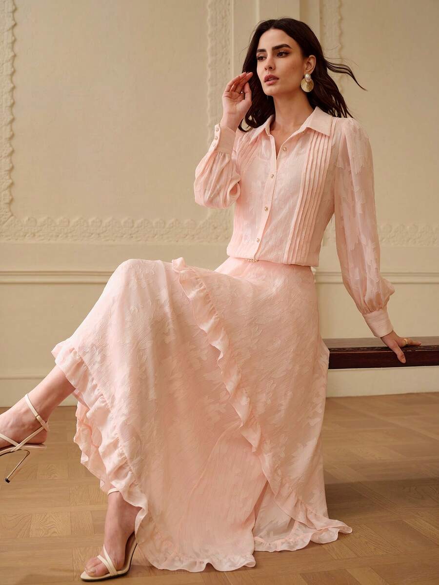 ZEYLAH Elegant Jacquard Blouse & Ruffle Hem Skirt Set, Spring/Summer