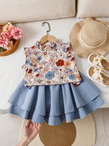 Emery Rose Kids Emery Rose Kids Conjunto de 2 peças para meninas: blusa casual floral miúda e minissaia em tecido plano. Vestidos infantis para meninas, roupas de verão estilo boho para adolescentes, vestidos casuais para meninas, vestido curto para meninas. - Azul - Ver 5