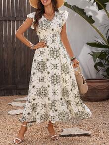 SHEIN LUNE Đầm nữ in họa tiết cổ điển, tay ngắn nhún bèo, thắt eo, thích hợp cho mùa hè. - màu xanh lá - Xem 4