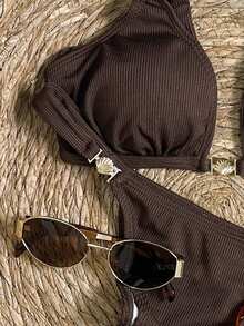 Oceva Conjunto de traje de baño de 3 piezas con tela texturizada y decoración metálica básica, adecuado para fiestas en la playa y vacaciones - Marrón - Ver 7