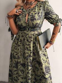 Whyspr Plus Size Punk Vintage Butterfly Print Vacation Dress, Spring/Summer - Army Green - View 6