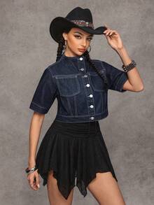 Jeanoix Y2K 时尚立领原色水洗牛仔夹克 - 深色水洗藍 - 查看 6