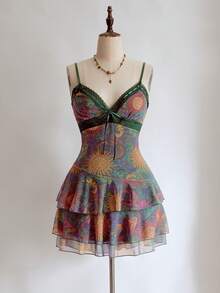 ROMWE Hippie Đầm hai dây ngắn nữ họa tiết ren hoa phối nhiều mảnh. - Nhiều màu - Xem 3