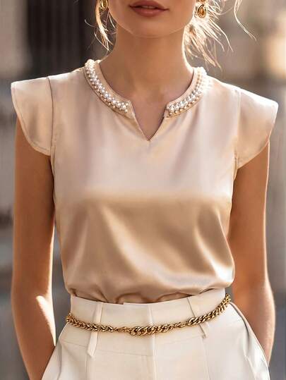 Ellegaria. Elegant Minimalist V-Neck Pearl Decor Women Bodysuit