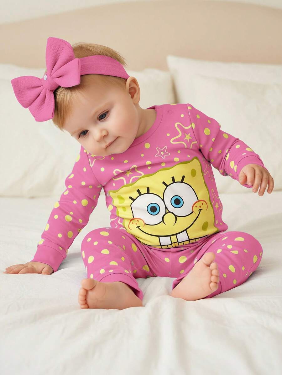 SpongeBob SquarePants | SHEIN 女婴几何卡通印花圆领长袖上衣和裤子休闲家居服套装 - 粉色 - 查看 1