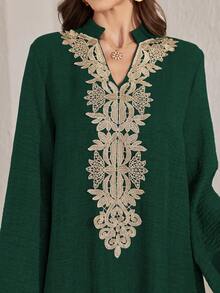 Al Najma Women's V-Neck Applique Casual Loose Party & Outing Dress - Dark Green - View 7
