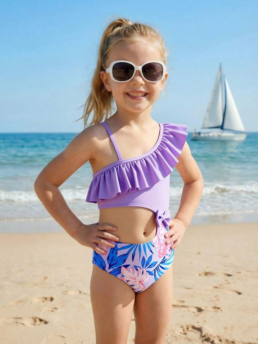 SHEIN 女童吊带荷叶边不对称镂空蝴蝶结装饰连体泳衣，夏季 - 彩色 - 查看 1