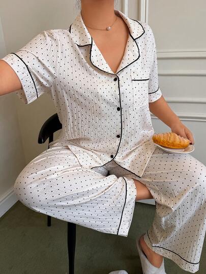 Napfluff CURVE Napfluff CURVE 大码女式波点印花睡衣套装，短袖纽扣前开襟家居服，撞色滚边