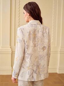 ZEYLAH Printed & Embroidered Mandarin Collar Single-Breasted Suit Jacket, Spring/Summer - Apricot - View 3