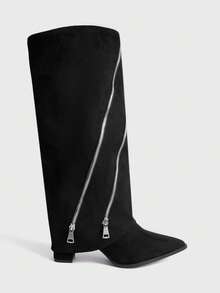 Sugerpunk 女士尖头拉链设计时尚百搭高跟过膝长靴 - 黑色 - 查看 1