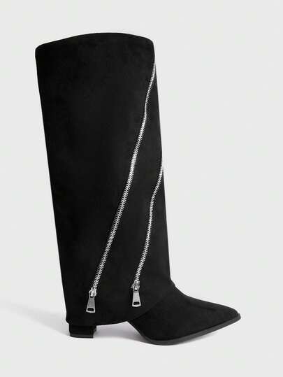 Sugerpunk 女士尖头拉链设计时尚百搭高跟过膝长靴