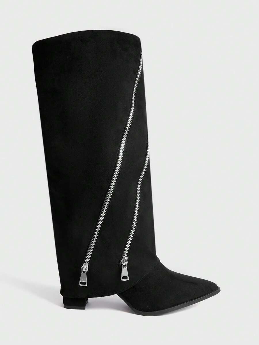 Sugerpunk 女士尖头拉链设计时尚百搭高跟过膝长靴 - 黑色 - 查看 1
