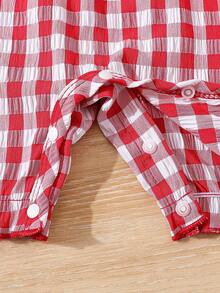 SHEIN 女婴可爱优雅草莓格子短袖连体衣，适合春夏外出和日常穿着 - 紅色 - 查看 6