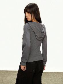 Rina Fox Áo khoác hoodie dài tay đính hạt có khóa kéo phía trước dành cho nữ - Xám - Xem 2