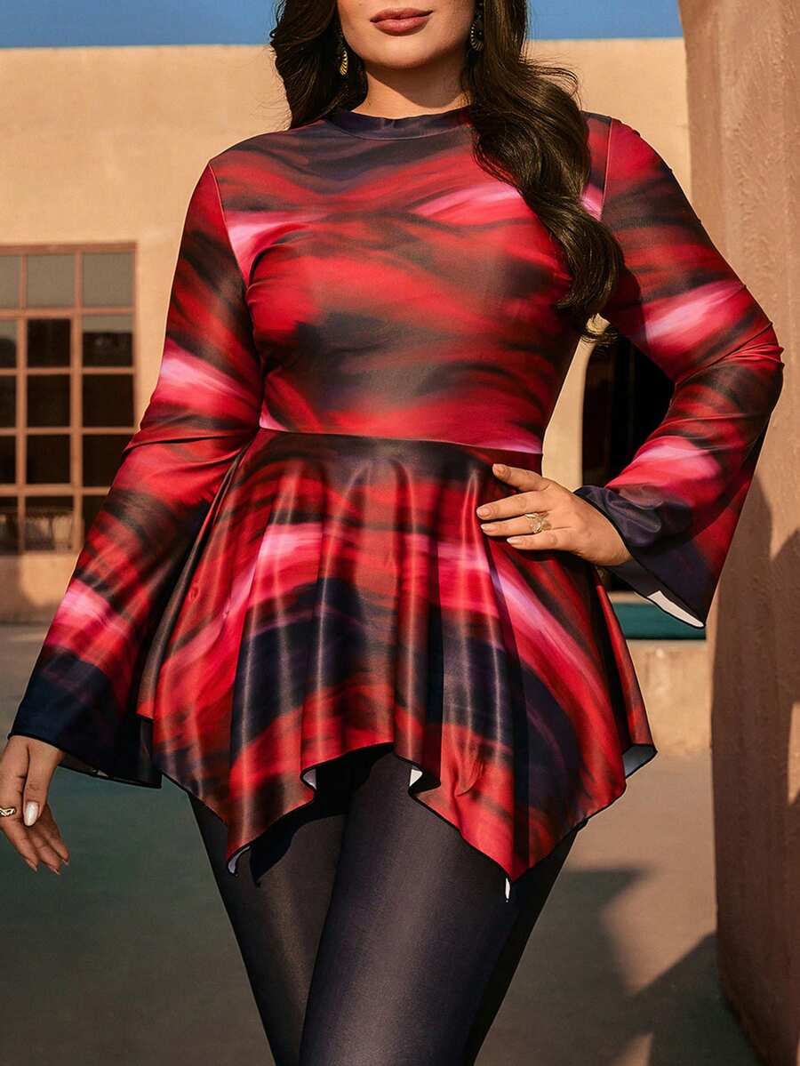 SHEIN Swim 大码女式扎染印花喇叭袖不对称下摆收腰泳衣上衣 - 彩色 - 查看 1