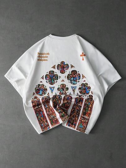 PAVTROS 复古教堂建筑印花超大款男士T恤，春夏皆宜，适合夏季、度假、复古风、外出、派对、节日、送给男友的礼物、街头风、运动等场合。