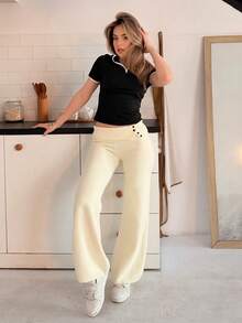 Katetique Women's Autumn And Winter Clothing Home Simple Comfortable Sweet Casual Thermal Lined Warm White Double-Layer Waist Design Buttons Asymmetrical Beige Simple Sweater Trousers, Daily Wear,Fall - White - View 1