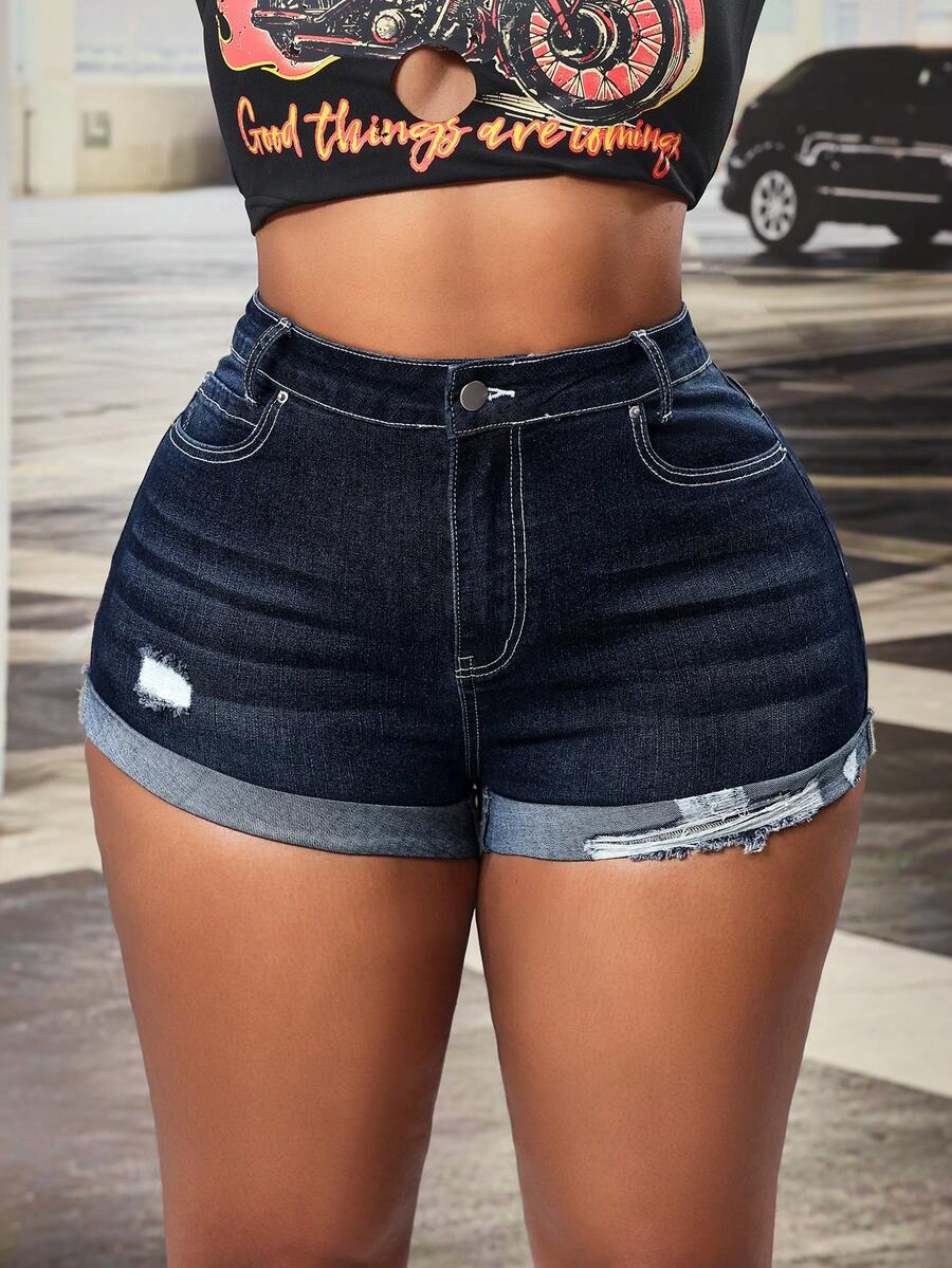 Slaydiva Plus Size Women Spring Cowgirl Blue Elastic Distressed Sexy Mini Denim Shorts - Dark Wash - View 1