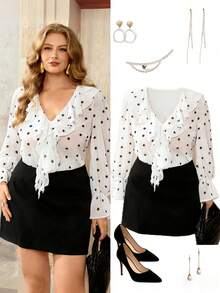 Flirla Set da 2 pezzi da donna taglie forti, composto da blusa ampia con balze e motivo a pois, e gonna a-line - Bianco e nero - Visualizzare 1
