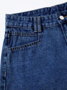 SHEIN Essnce Celana Pendek Denim Kasual Wanita dengan Saku dan Ujung Berumbai, Serbaguna untuk Pemakaian Sehari-hari - Dark Wash - View 6