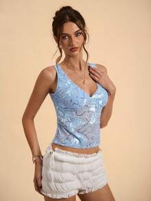 SHEIN BAE Women's Apricot Sequin Embroidered Camisole, Music Festival Cami Top, Vacation Camisole, Sexy Camisole - Blue - View 5