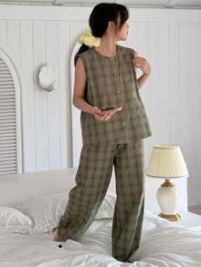 DAZY Conjunto de chaleco sin mangas de cuello redondo a cuadros y pantalones para niñas preadolescentes, para otoño - Verde - Ver 7